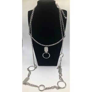 CHICO'S Hammered Silver Tone Geometric Two-Tiered Layered 16" Statement Necklace